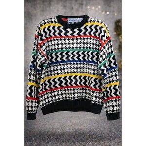 VTG 90s Allison Smith Petite Medium Sweater Color Block Zigzag Houndstooth Knit